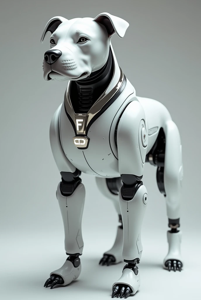 Create a white robot Pitbull with a collar and pendant with the letter F