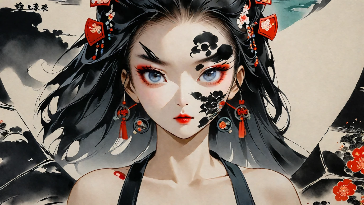 (((Ink painting))), Colorful fashion pictures, (((1 girl))), (((Tattoos on the face))), (((Great hair accessories))), Japanese style headphones, Face up close, Japanese beautiful girl, Black hair, Sensitive and precise, Modern Ukiyo-e style