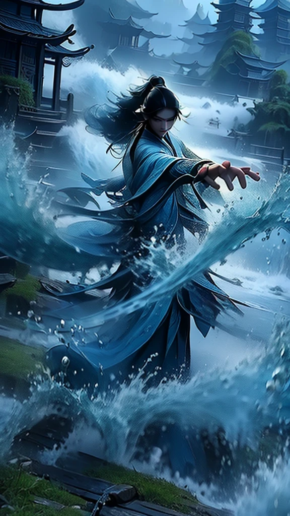 best quality,masterpiece,Ultra-high resolution,(truthfully:1:0),fall,Handsome and dashing Chinese boy,Long hair single ponytail,Wearing fairy clothes,在fall下岸邊,Wudong Tai Chi,