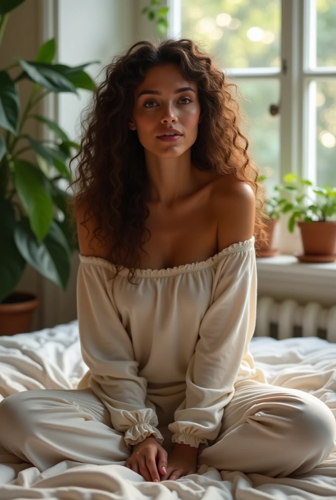 (photorealism:1.2), beautiful woman, sitting on bed, wearing loose off-shoulder top, pajama pants, long curly hair, indoors, soft lighting, plants in background, window with sunlight, cozy room, relaxed pose, realistic, spread open legs