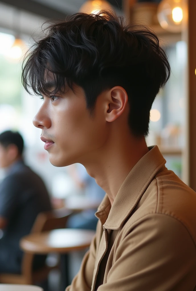 23 years old　Japanese　Male hairstyle with center part　Simple Outfit　profile　Cafe　A photo taken by accident