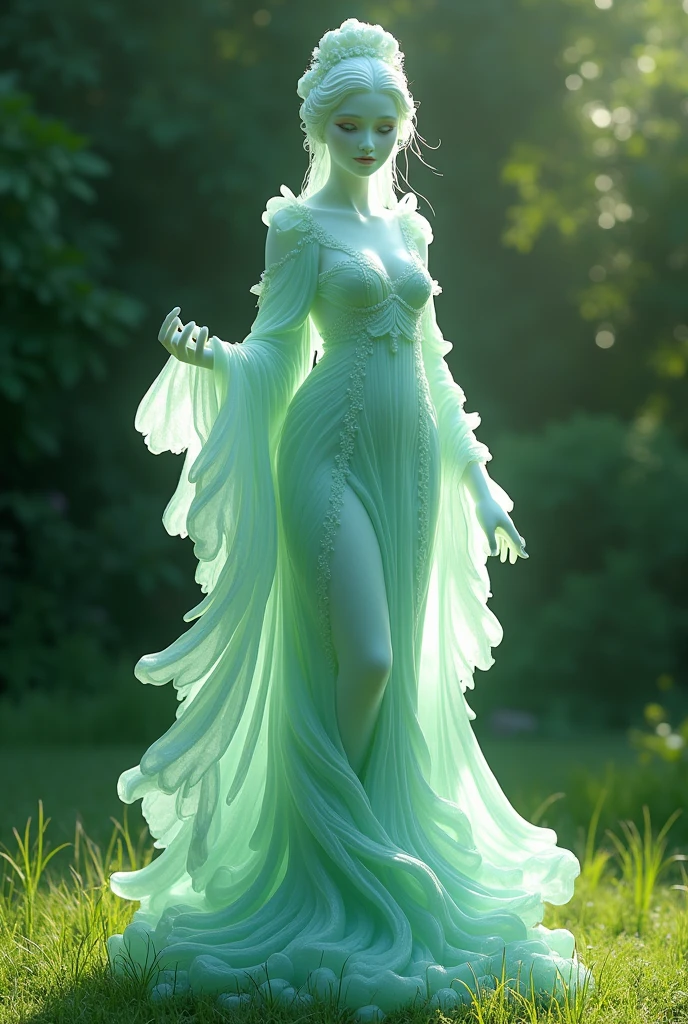 best quality, very good, 16K, ridiculous, Extremely detailed, Gorgeous woman，Made of translucent jadeite, Background grassland（（A masterpiece full of fantasy elements）））， （（best quality））， （（Intricate details））（8k）,sexy body,traditional girl arts,Queen girls,full body,erotic arts,Amazing deign),ice sculpture arts