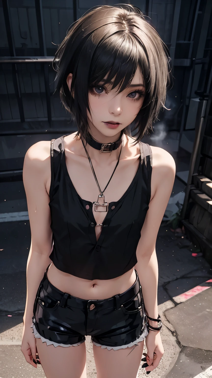 1girl, woman, emo_hairstyle, black lipstick, dog collar, eyeliner, eye shadow, smoky eyes, realistic lighting, short hair, flat chest, sleeveless silk shirt, jeans, standing up.