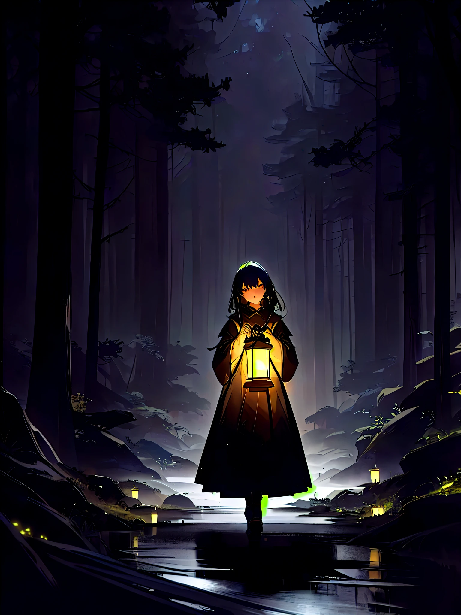 a woman in a dark forest holding a lantern in her hand, girl under lantern, holding a lantern, girl walking in dark forest, anime art wallpaper 8 k, 4k anime wallpaper, in a forest at night, anime art wallpaper 4k, anime art wallpaper 4k, anime lush john 8k woods, artwork in the style of guweiz, dark illustration