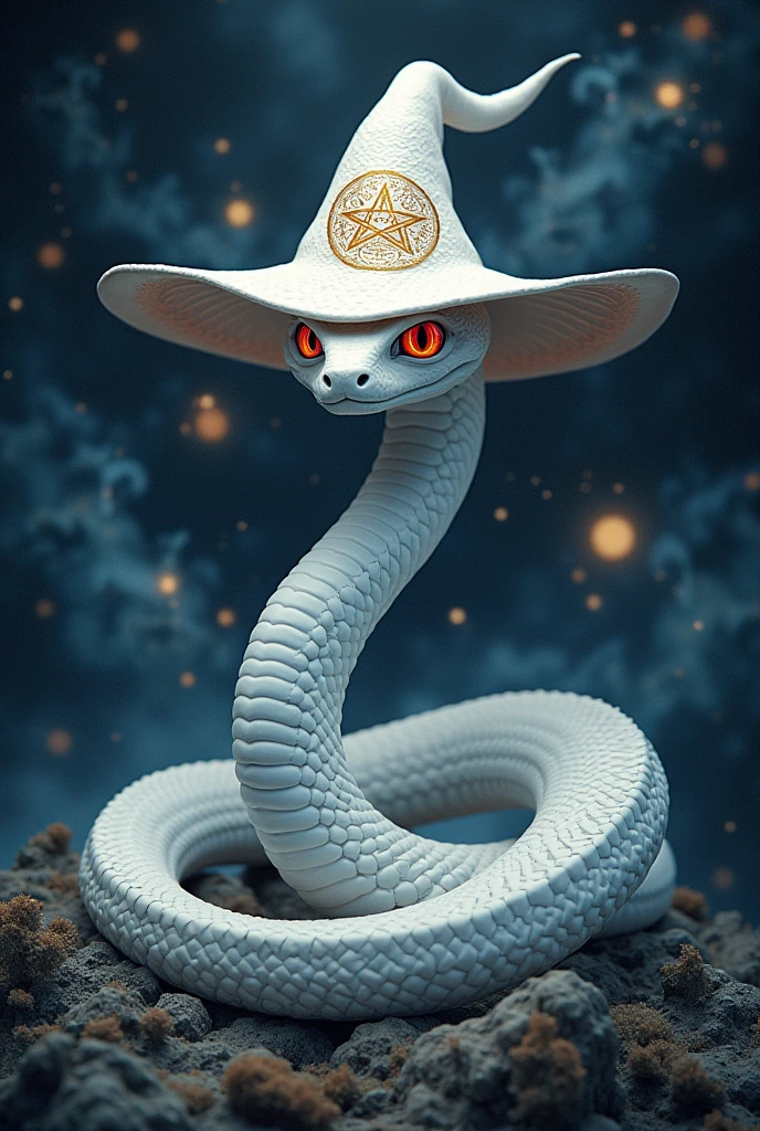 a white snake with a witch's hat, surrounded by symbols of magic and the cosmos, no people, hat, witch's hat, border, animal focus, animal, magic circle, black border, hexagram. ultra-realistic, hyper-detailed, 32k uhd,hyper-detailed,ultra-realistic, 8k,, red eyes, (Background Universe and Galaxy) (Background Magic Galaxy and Magic Universe, A lot of stars in the sky dark), surrounded by symbols of magic  Diagram, Witch star
