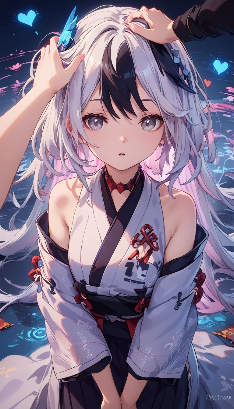 4k,lighting,highres,1 girl,hi3 coralie,black hair,white hair,mature,grey eyes,wedding kimono,bare shoulders,detailed,hair ornament,look at viewer,IncrsXLHeadpatPOV,po head pat,floating neon hearts