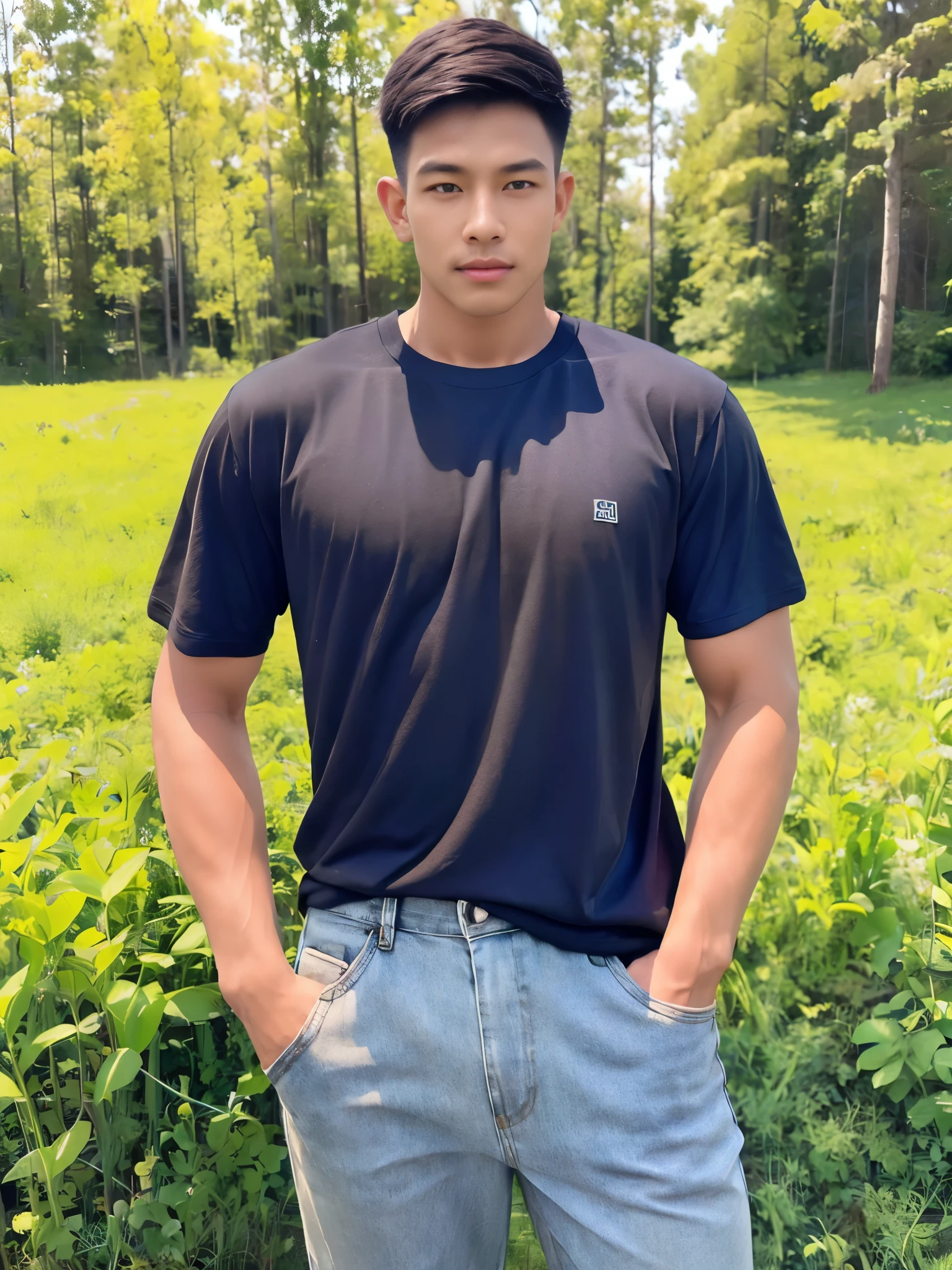 armface , Handsome young man standing, teeth showing, (have a mustache:1) ,(buzz cut:1.1), (short hair:1.2), The forearms are muscular., (Tight T-shirt:1.5),(blue and black shirt:1.5),Jeans, Big muscles, Handsome and muscular, full body angle, (Country house, rice field 1.1), natural light 