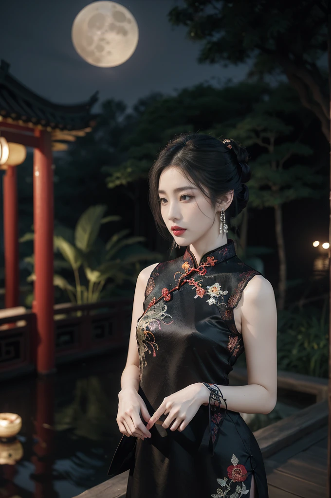 (((best quality))),(((ultra detailed))),(((masterpiece))),illustration,((1 beautiful girl,solo)),(bun hair:1.2),(Ghostly makeup:1.3),(fair skin:1.5),(red lips:1.2),(earrings:1.2),((slim,thin)),((small breasts,flat chest)),(black floral embroidered lace cheongsam:1.5),(slender legs:1.2),(stockings:1.3),(standing:1.3),(A huge moon in the sky:1.3),(moonlit Chinese garden courtyard:1.3),(Ghost Festival:1.3),elegant and sophisticated,intricate patterns,curves,dark color,striking visual appeal,ethereal,enchanting,ghostly white blossoms,swaying branches,stone pathways,moss,eerie shadows,ancient pavilion,intricate wooden structure,mystery and intrigue,cicadas chirping,auditory symphony,embodiment of the festival's spirit,bathed in the moon's glow,delicate features,raven-black hair,waterfall of darkness,moon's luminance,captivating allure,sleek fabric,clung to frame,accentuating curves,highlighting beauty,striking appearance,ethereal beauty,hauntingly beautiful scene,captured essence,blend of beauty and mystery,(night scene:1.3),((from front,upper body))