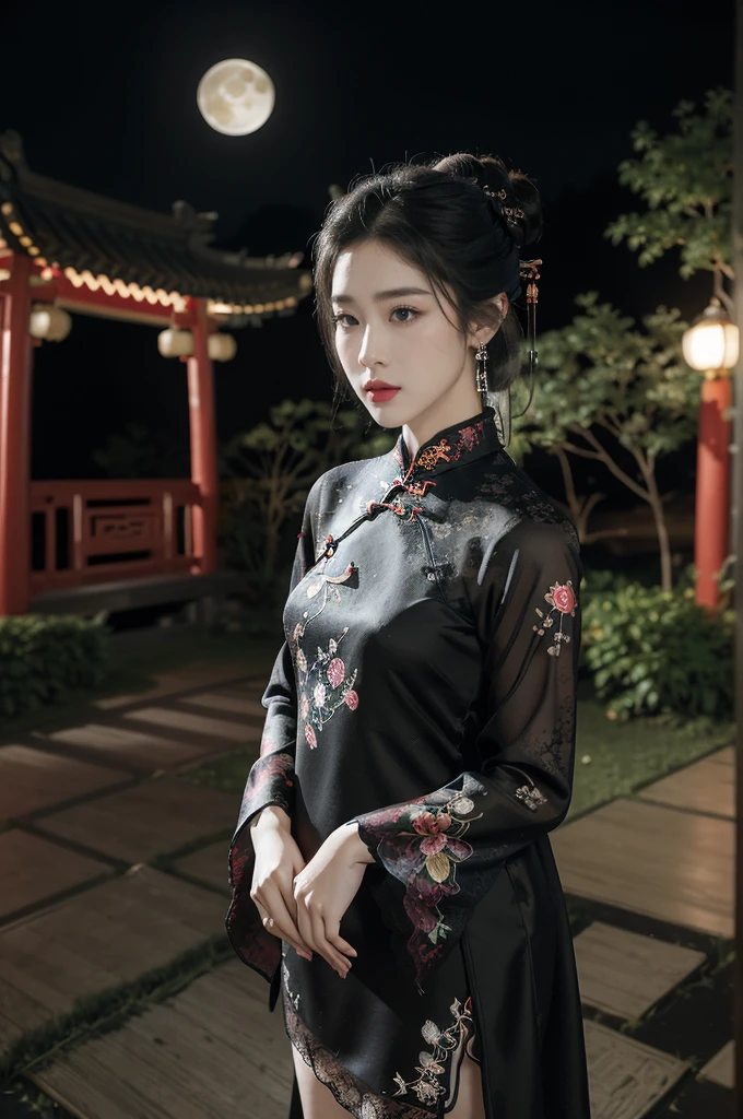 (((best quality))),(((ultra detailed))),(((masterpiece))),illustration,((1 beautiful girl,solo)),(bun hair:1.2),(Ghostly makeup:1.3),(fair skin:1.5),(red lips:1.2),(earrings:1.2),((slim,thin)),((small breasts,flat chest)),(black floral embroidered lace cheongsam:1.5),(slender legs:1.2),(stockings:1.3),(standing:1.3),(A huge moon in the sky:1.3),(moonlit Chinese garden courtyard:1.3),(Ghost Festival:1.3),elegant and sophisticated,intricate patterns,curves,dark color,striking visual appeal,ethereal,enchanting,ghostly white blossoms,swaying branches,stone pathways,moss,eerie shadows,ancient pavilion,intricate wooden structure,mystery and intrigue,cicadas chirping,auditory symphony,embodiment of the festival's spirit,bathed in the moon's glow,delicate features,raven-black hair,waterfall of darkness,moon's luminance,captivating allure,sleek fabric,clung to frame,accentuating curves,highlighting beauty,striking appearance,ethereal beauty,hauntingly beautiful scene,captured essence,blend of beauty and mystery,(night scene:1.3),((from front,upper body))