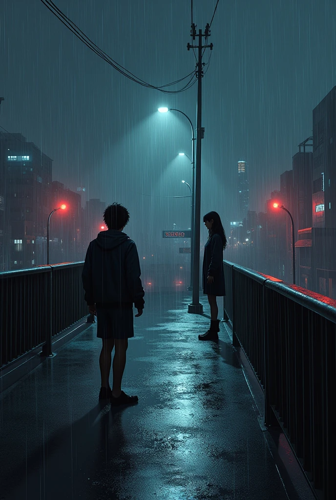 A girl is standing on the bridge railing and trying jumping of the bridge and thats when whe saw Boy who is crossing the bridge and their eyes met its a night time and it was raining. Use white and red light combination. Camera angle should be from behind the boy and infront of boy. There is a girl who is suiciding ( i mean jumping of the bridge. Meke it for Novel Cover page
Boy should be in the the picture too

Boy is walking side way lil bit afar from girl 