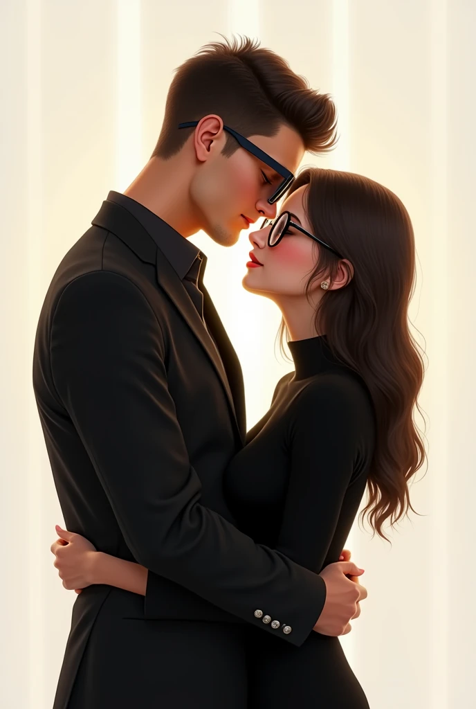 Image of cute couple boy is tall and masculine and girl is cute and wear specteles both are wearing black clothes and standing beside each other and boy is kissing girl forehead gently