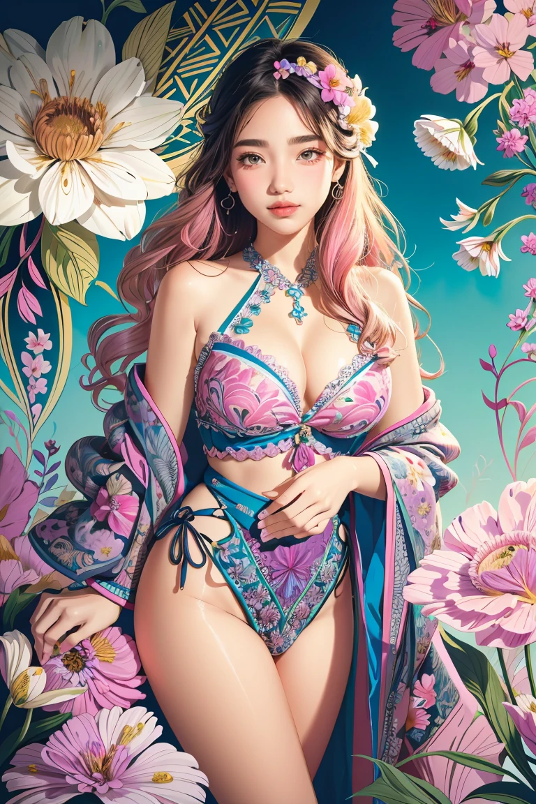 (ultra-detailed background, detailed background), absurdres, highres, ultra detailed, extremly detailed, 1girl, (bunch of flowers:1.3), (zentangle:1.2), (geometric:1.2),(colorful), chiaroscuro technique on illustration of an elegant oldies , wet hair, vintage, eerie, matte painting, by Hannah Dale, by Harumi Hironaka, extremely soft colors, vibrant, highly detailed, digital illustrations , high contrast, dramatic, refined, tonal, emotional expression, golden ratio