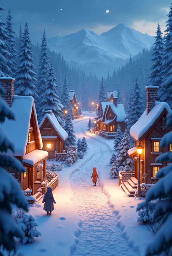 Cartoon village with snow night scene more realistic