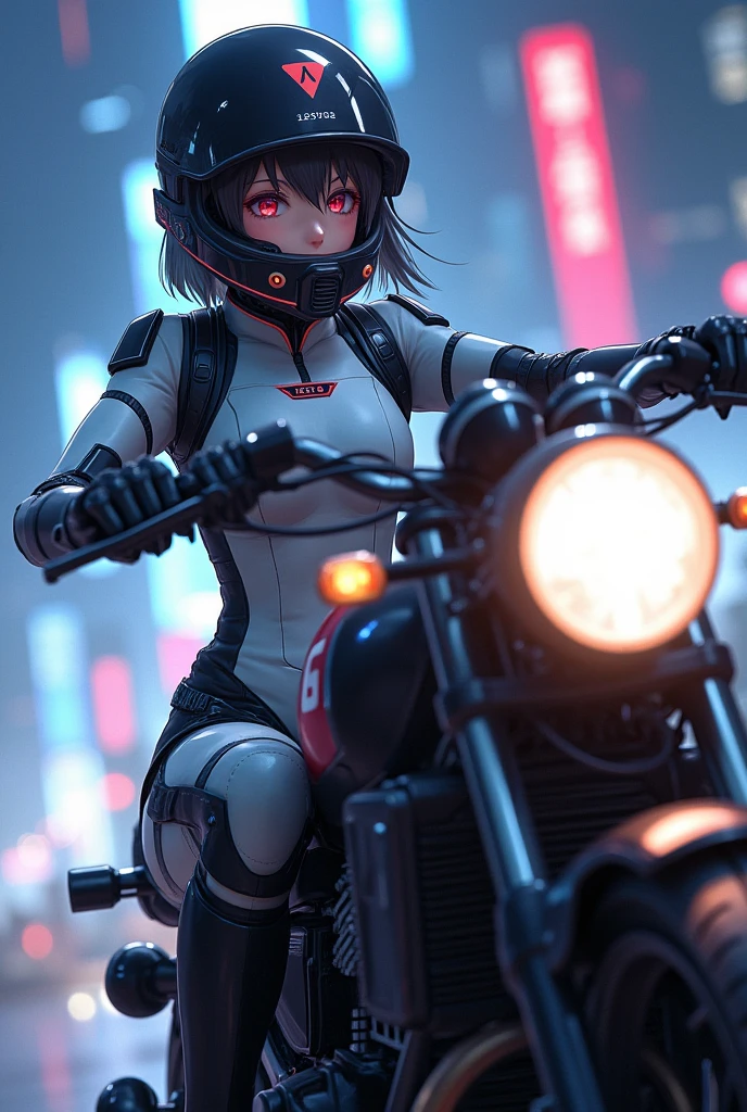 Highest image quality, outstanding details, ultra-high resolution, (fidelity: 1.4), the best illustration, favor details, highly condensed 12girl, with a delicate and beautiful face, dressed in black and white mecha, wearing a mecha helmet, holding a direction controller, riding on a motorcycle, the background is a high-tech lighting scene of the future city.