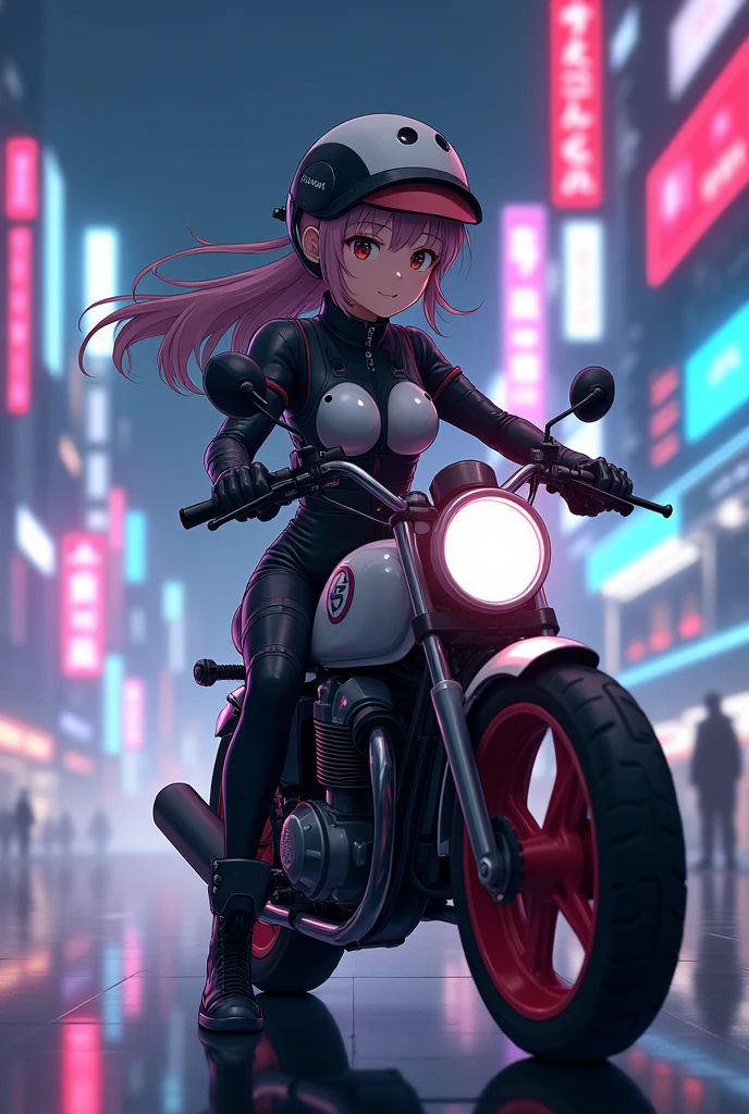 Highest image quality, outstanding details, ultra-high resolution, (fidelity: 1.4), the best illustration, favor details, highly condensed 12girl, with a delicate and beautiful face, dressed in black and white mecha, wearing a mecha helmet, holding a direction controller, riding on a motorcycle, the background is a high-tech lighting scene of the future city.