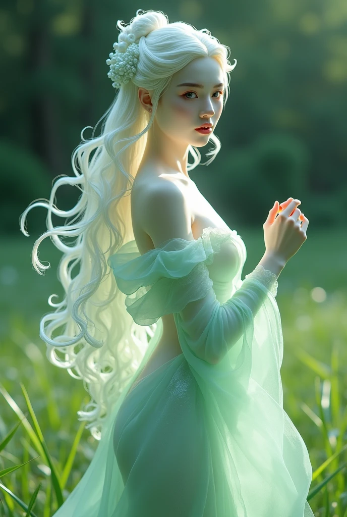 best quality, very good, 16K, ridiculous, Extremely detailed, Gorgeous woman,Made of translucent jadeite, Background grassland((A masterpiece full of fantasy elements))), ((best quality)), ((Intricate details))(8k),sexy body,traditional girl arts,Queen girls,full body,erotic arts,Amazing deign),ice sculpture arts