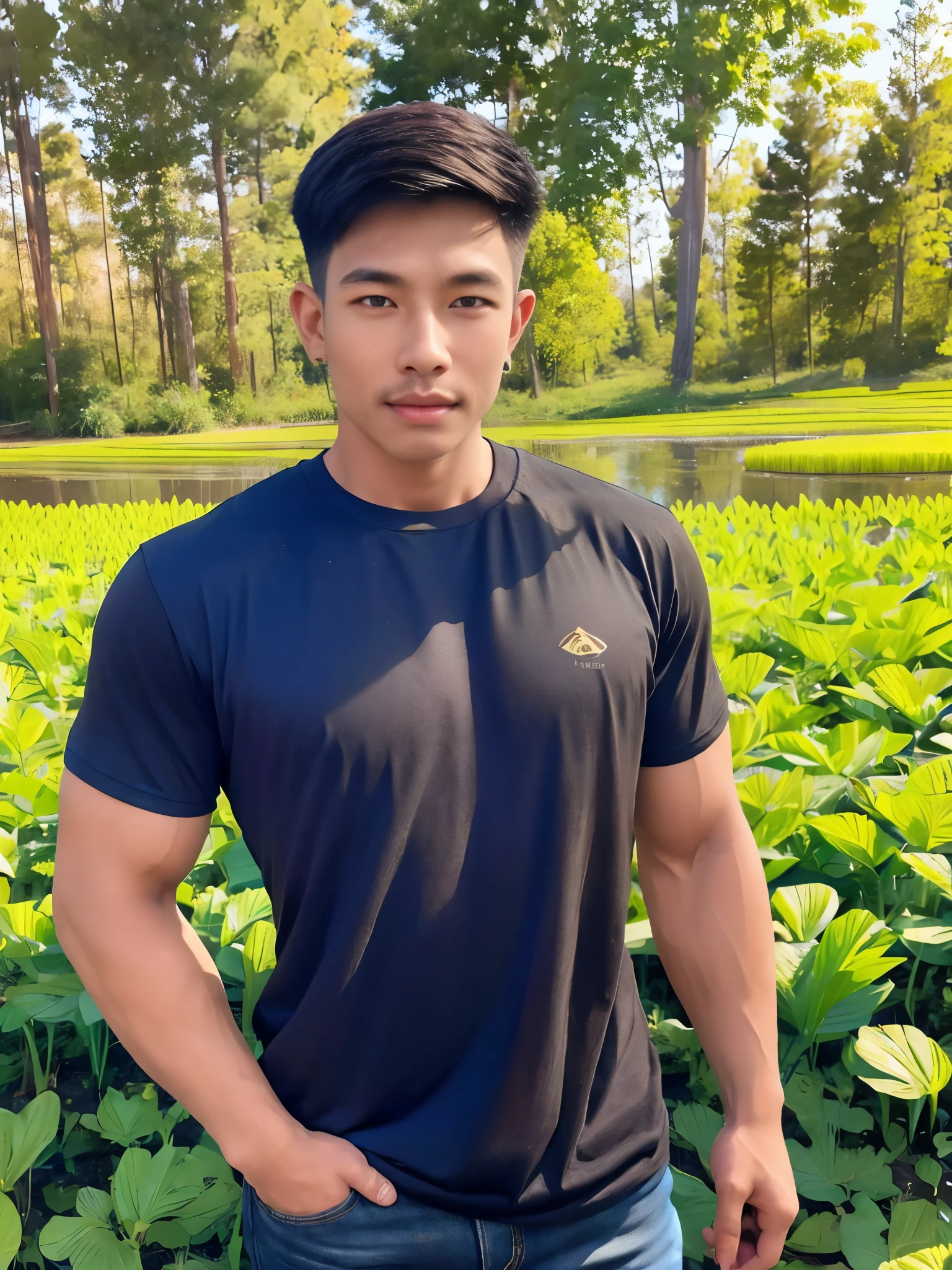 armface , Handsome young man standing, teeth showing, (have a mustache:1) ,(buzz cut:1.1), (short hair:1.2), The forearms are muscular., (Tight T-shirt:1.5),(blue and black shirt:1.5),Jeans, Big muscles, Handsome and muscular, full body angle, (Rice fields:1.3), natural light