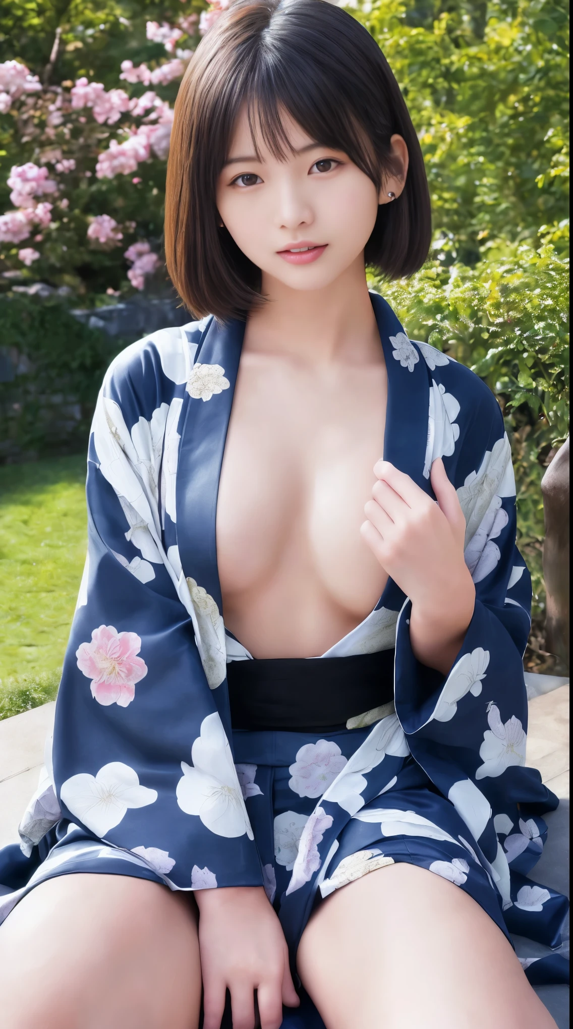 (masterpiece, highest quality:1.4), Beautiful Face, 8k, 85mm, Absurd, (Jet black floral yukata:1.2), Face close-up, violet, Gardenia, Delicate girl, alone, night, View your audience, Upper Body, Film Grain, chromatic aberration, Sharp focus, Face Light, Professional Lighting, Sophisticated, (smile:0.4), (Simple Background, Bokeh Background:1.2), detailed aspects,(Show one breast:1.2)((Very young and immature & Very few & Very flat chest:1.2),(Pink fashion glasses,0.4),(((She takes off her yukata and shows off her shaved pussy:1.26))),(very small flat chest:1.15)