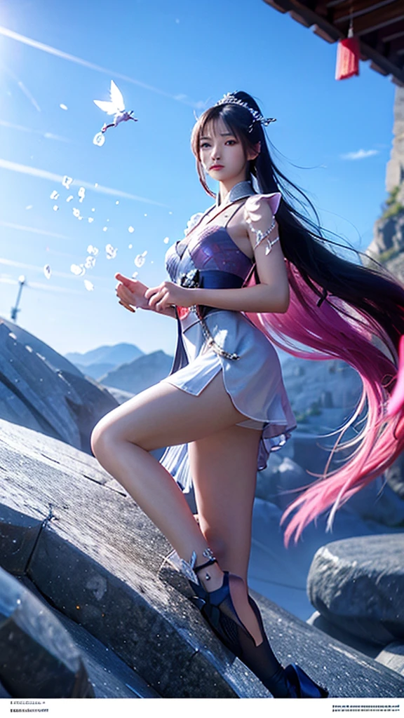 best quality,masterpiece,Ultra-high resolution,(truthfully:1:0),fall,Handsome and dashing Chinese boy,Long hair single ponytail,Wearing fairy clothes,在fall下岸邊,Wudong Tai Chi,
