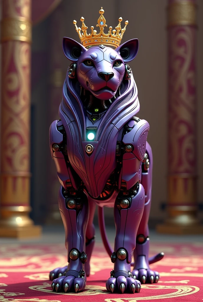Create a purple robot lion with.A king's crown