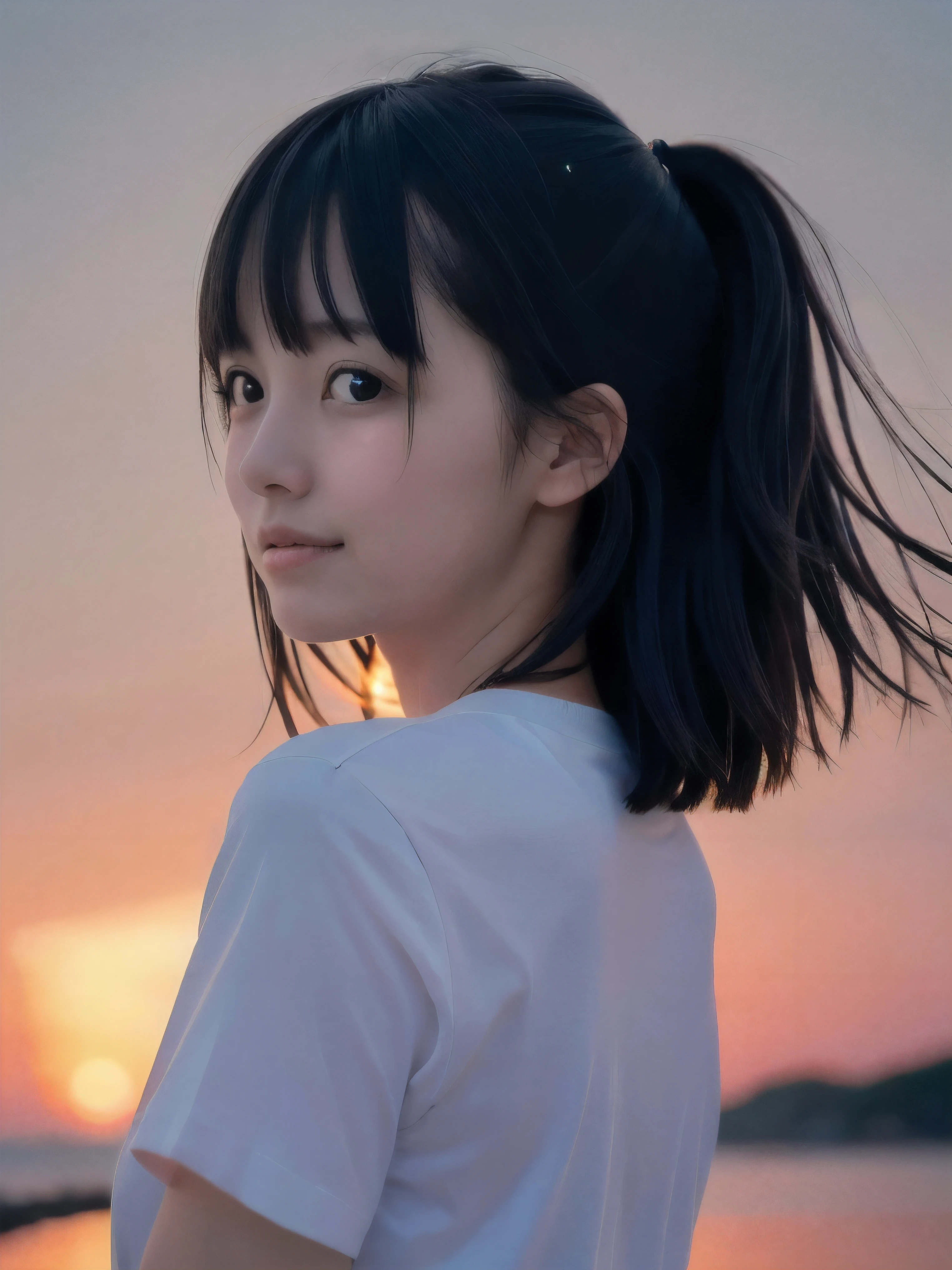 (Close up face shot of slender small-breasted two side up black medium hair with bangs girl wearing a white T-shirt only:1.5)、(One girl is looking back and  lonely little smile with tears on the coast in Japan:1.5)、(Beautiful after sunset red sky with red big cloud:1.5)、(blurred background:1.5)、(Natural light:1.5)、(8k ultra detailed master piece:1.5)、(perfect anatomy:1.5)、(Photorealistic stick:1.5)、(Raw photo:1.3)、(highest quality:1.5)、(High resolution:1.3)、(Delicate and beautiful perfect face:1.3)、(Delicate and beautiful eye air skin:1.3)、(Real Human Skin:1.3)、((thin legs))