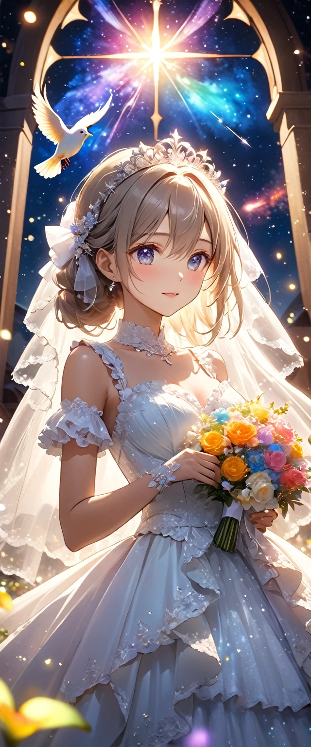 Highest quality, Great quality, 16K, Unbelievably absurd, Very detailed, 2.5D, delicate and dynamic, church, Brightly colored stained glass, Small faint lights and flying fireflies, night, Starry Sky, milky way, nebula, shooting star, Flowers, bird, Wind and Moon, Very delicate facial expressions, Delicate eye depiction, Upper body close-up, erotic, Only sexy women, Healthy body shape, 22-year-old woman, bride, Height: 170cm, Large, firm, swaying bust, Colorful Tiaras, Long wedding dress with complex structure, Colorful long wedding dresses, See-through long ruffle wedding dress, Extra long cape from head