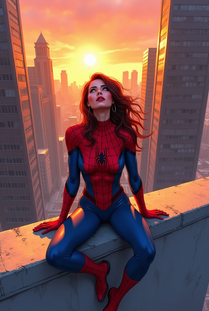 Full body, Long shot, Wide angle, Colored pencil sketch, Humberto Ramos and Ross Tran, Top view. Spider-Woman sits on a wall, with tall buildings behind her. Evening, sunset. She looks up at the sky. Her outfit is ripped. Sexy, alluring, charming. Big breasts. Volume. Perfect dynamic composition. Beautiful. Bodybuilding athlete figure. Beautiful muscles. Sexy, provocative. Masterpiece. Anatomically correct presentation. Warm colors. Top view. View from above.