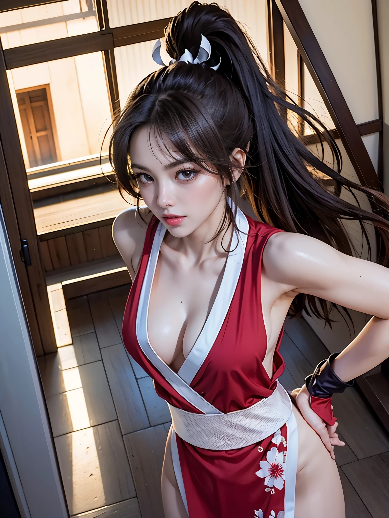 Armpit Show,(mai shiranui:1.2), (or:1.3), (whole body:1.4), (after that;1.3), (realism), (masterpiece:1.2), (Highest quality), (Ultra-detailed), (8k, 4K, Complex), (Flat Lighting:1.2), (skinny), reputation, Brown eyes, Long Hair, Brown eyes, Long Hair, Brown Hair, White ribbon, No sleeve, ponytail, sash, Pelvic Curtain, Arm guard, gloves, or, A captivated look, Sexy Eyes, slim, Medium chest, smile, cute, Displaying the viewer, Long Hair, Near the Japanese temple, (Focus on the chest:1.2), (Realistic:1.2), Light Particles, Lighting, (Very detailed:1.2), (Detailed face:1.2), (Gradation), sfv, colorful, (Detailed eyes:1.2), Japanese temple details, Detailed Background, (Dynamic Angle:1.2), Dynamic pose, (Course of action:1.2), Wide Shot, Dawn, alone.