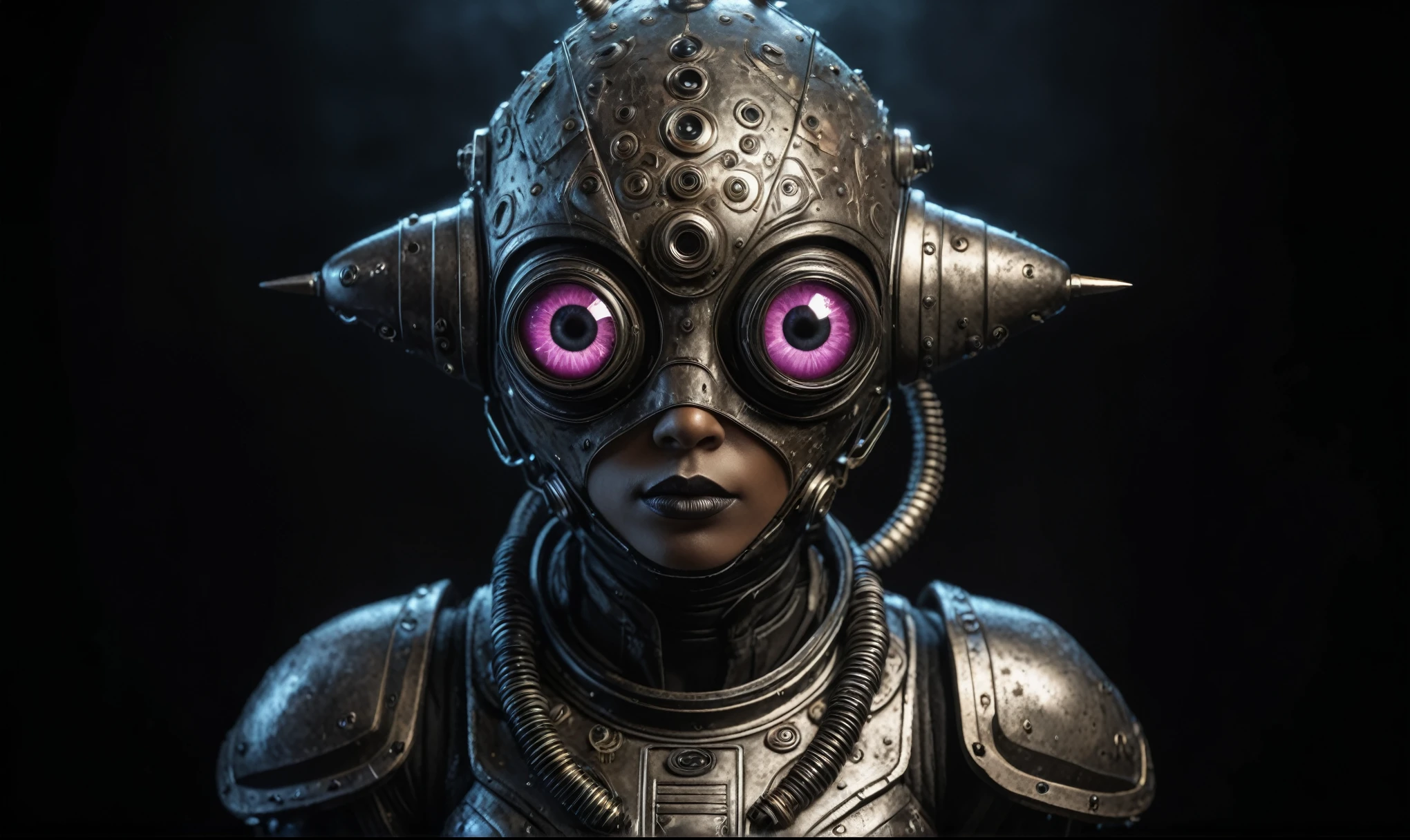 full body length shot,nerd graphite  Alien Entity,native africa slave ,azctec Finnish Lapland,Cinematic,soft colors, Technicolor,natural skin textures, hyper realism, hyper detailed,Extremely detailed,High contrast,Masterpiece,Realistic,Ultra Detailed, intricate details,realistic humid leather,extremely intricate details,Epic Realistic, cinematic style, irina yermolova,high contrast,hdr,extremely detailed, [deep night landscape],masterpiece, intricate details, eyes extremely detailed, high detailed eyes,8k resolution,retina, Nikon Z9,orcian Egypt, Pisces, transition between two art styles,full body length, Double contact, X-ray, Creative, vivid light, fantasy, Abstract, Surrealism, super detailed, high resolution,insanity national folk wear,skin  almost translucent, gothic elements,Mestichino,Light particles,chaos,starfish's leather,"(The best lighting, dark, dramatic), terror.),(fish eyes, A Modern flat toon Crazy whit a Big ONE a Only Eye Robot USSR , and helmet Style, tongs in hands, Tv head, pinhead, camouflage Yellow White Pink Rusty, Ambient in a meteorite crater super detailed, 