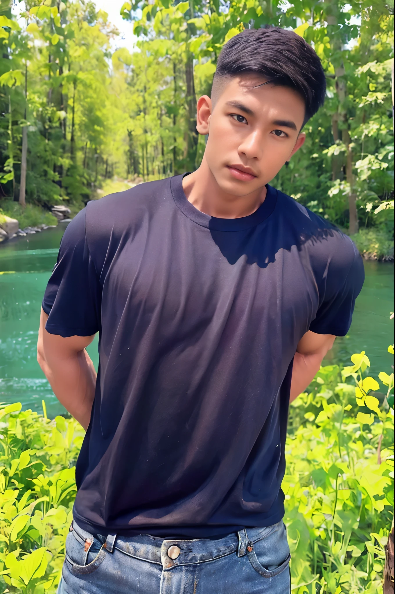 armface , Handsome young man standing, (have a mustache:1) ,(buzz cut:1.1), (short hair:1.2), The forearms are muscular., (Tight-fitting t-shirt in navy and black.:1.5),Jeans, Big muscles, Handsome and muscular, full body angle, (river:1.3), natural light