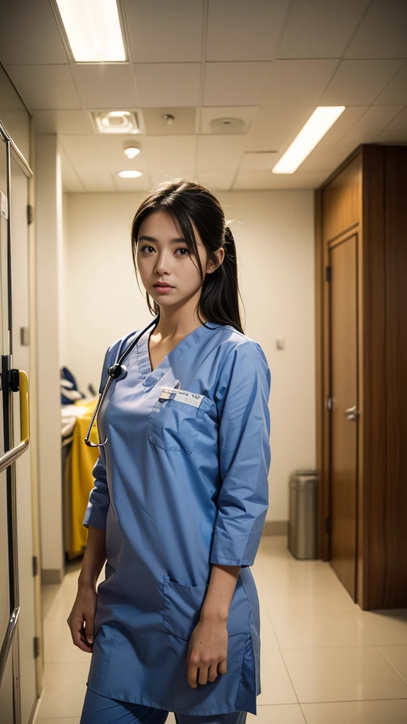 (masterpiece, high resolution), (26-year-old nurse:1.2), (scrubs:1.3), black hair, (standing beside stretcher:1.2), (surgical room entrance:1.3), serious expression, (indoor lighting:1.1)