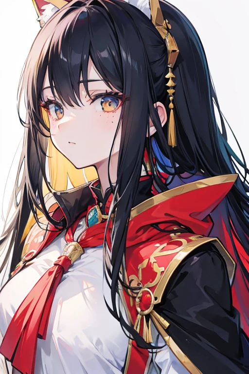 masterpiece, best quality, {best quality}, {{masterpiece}}, {highres}, focus, anime style, a closeup of a cartoon of a woman, girl design, portrait, giesha, anime image, long hair, black hair, straight eyes, hair covering ears, polished and powerful look, exotic, tall, freckles, cheerful, classic clothing, colorful, colors
