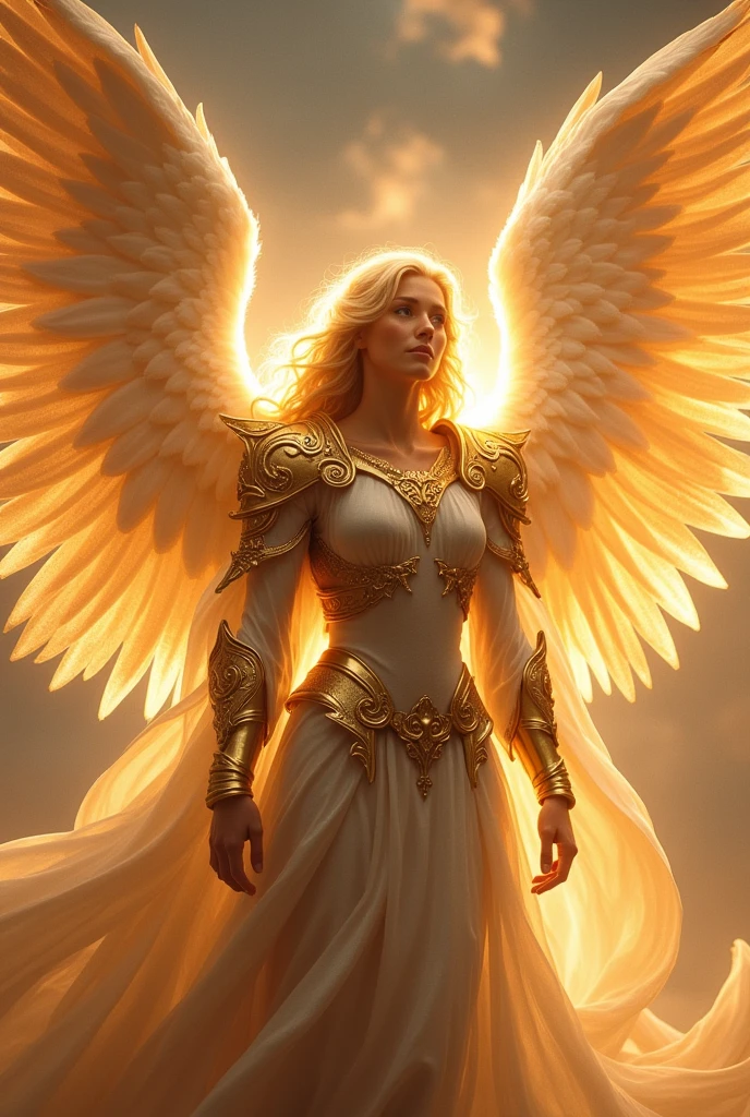 An archangel filled with light with huge wings of light with a face filled with light and luxurious Beautiful armor