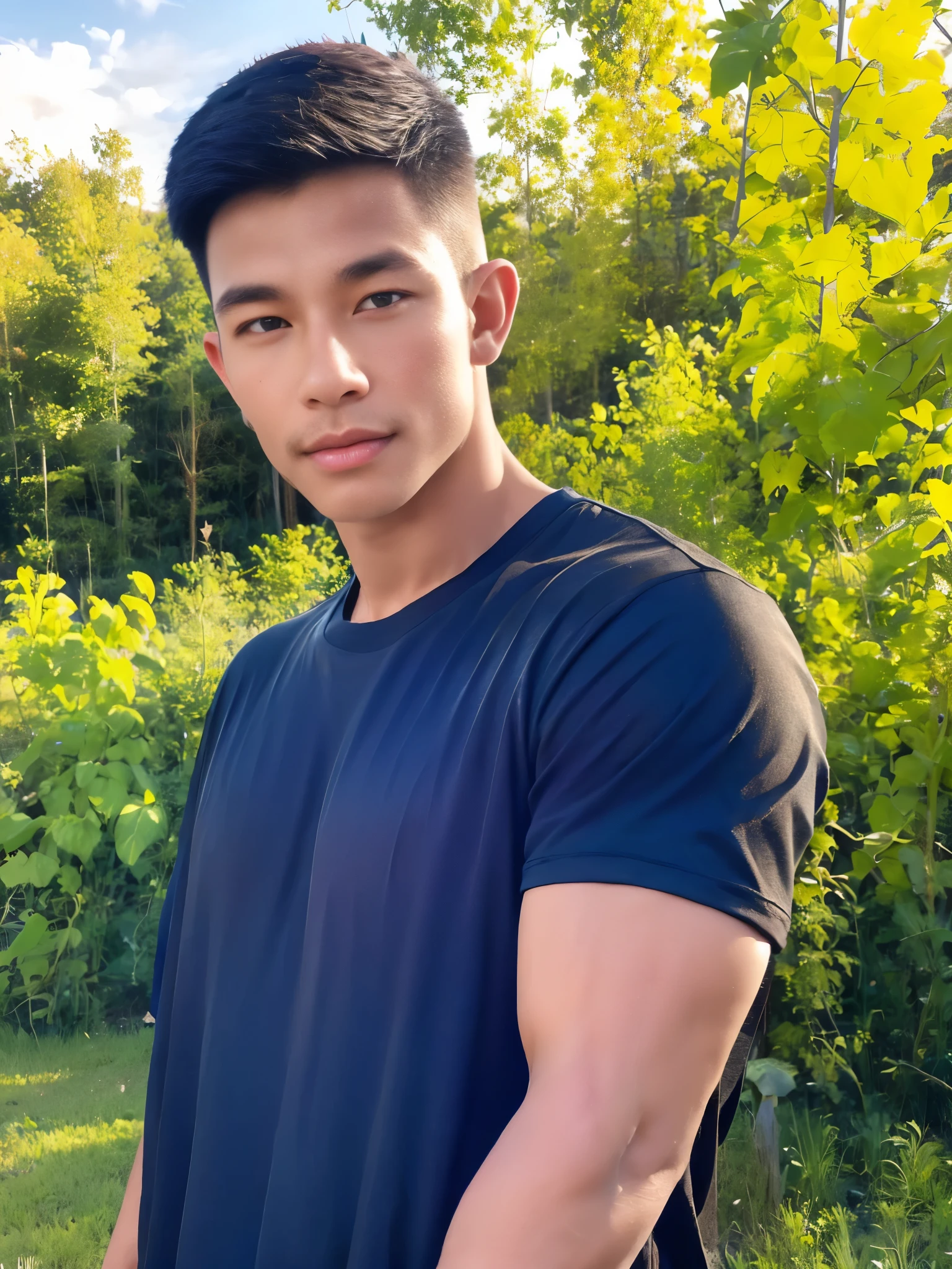 armface , Handsome young man standing, teeth showing, (have a mustache:1) ,(buzz cut:1.1), (short hair:1.2), The forearms are muscular., (Tight T-shirt:1.5),(blue and black shirt:1.5),Jeans, Big muscles, Handsome and muscular, full body angle, (haystack:1.3), natural light 