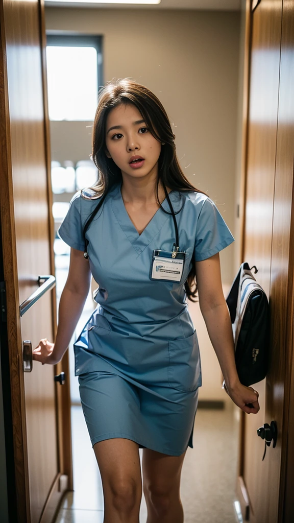 (best quality, masterpiece), (26-year-old nurse:1.3), (scrubs:1.3), long hair, (pushing patient stretcher:1.2), (surgical room entrance:1.3), tense expression, (low key lighting:1.1)
