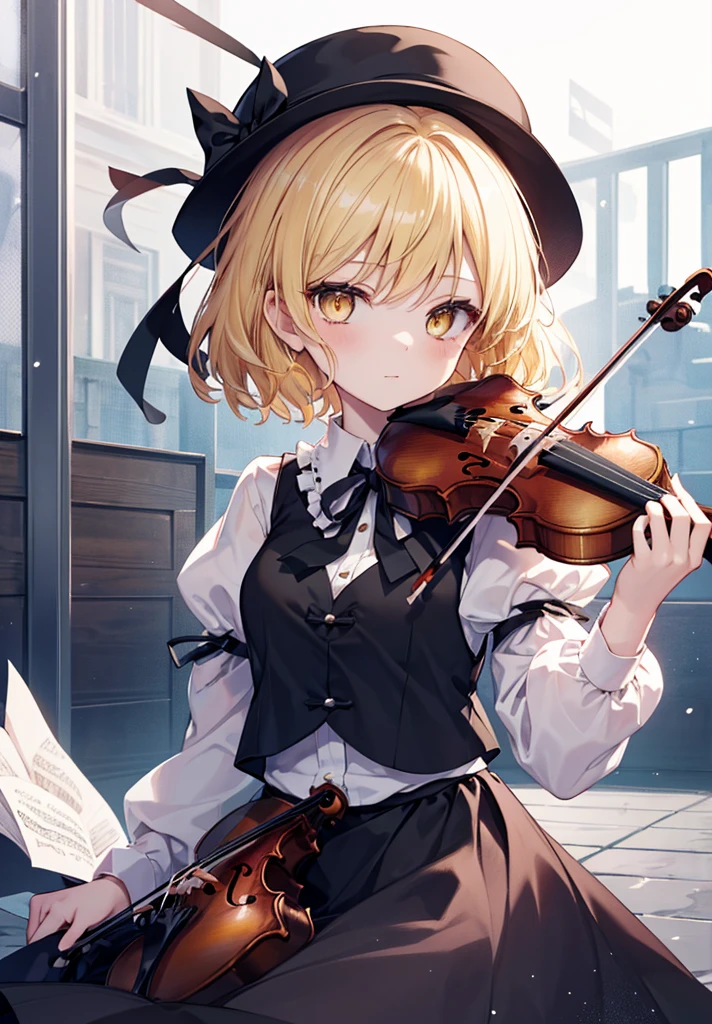 1girl, lunasa prismriver (touhou), yellow eyes, short hair, blonde hair, black headwear, hat, crescent hat ornament, black vest, white shirt, long sleeves, black skirt, skirt set, violin, bow (music