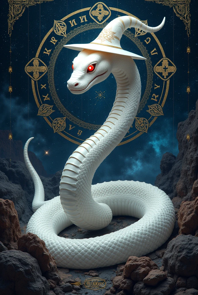 a white snake with a witch's hat, surrounded by symbols of magic and the cosmos, no people, hat, witch's hat, border, animal focus, animal, magic circle, black border, hexagram. ultra-realistic, hyper-detailed, 32k uhd,hyper-detailed,ultra-realistic, 8k,, red eyes, (Background Universe and Galaxy) (Background Magic Galaxy and Magic Universe, A lot of stars in the sky dark), surrounded by symbols of magic Diagram, Witch Star, Big hexagram Background and old vikings writing, witch writhing.