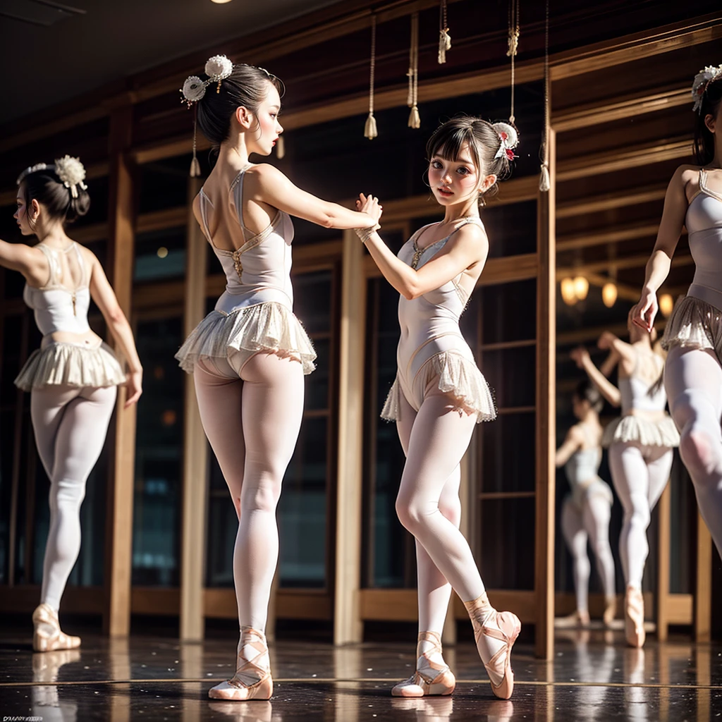 SFW, ExtremelyDetailed (((Kawaii Ballet Girls Group in a row:1.37))), Childish perfect face, Reflective Eyes, Detailed(Delicate Clothing textures), Corrected Leg Line, Corrected Childish Hand, Correct limbs, Dynamic Joyful Expressions LifeLike Rendering, ((Specular Reflection:0.8)), TopQuality 8K Ultra-detailed masterpiece (ProfessionalPhoto:1.37), (Acutance:0.8), (Luminism:1.28), (Light particles:0.75), (Muscle:-0.5), facing away (from side ) (Clearly visible Beautiful hip shape)