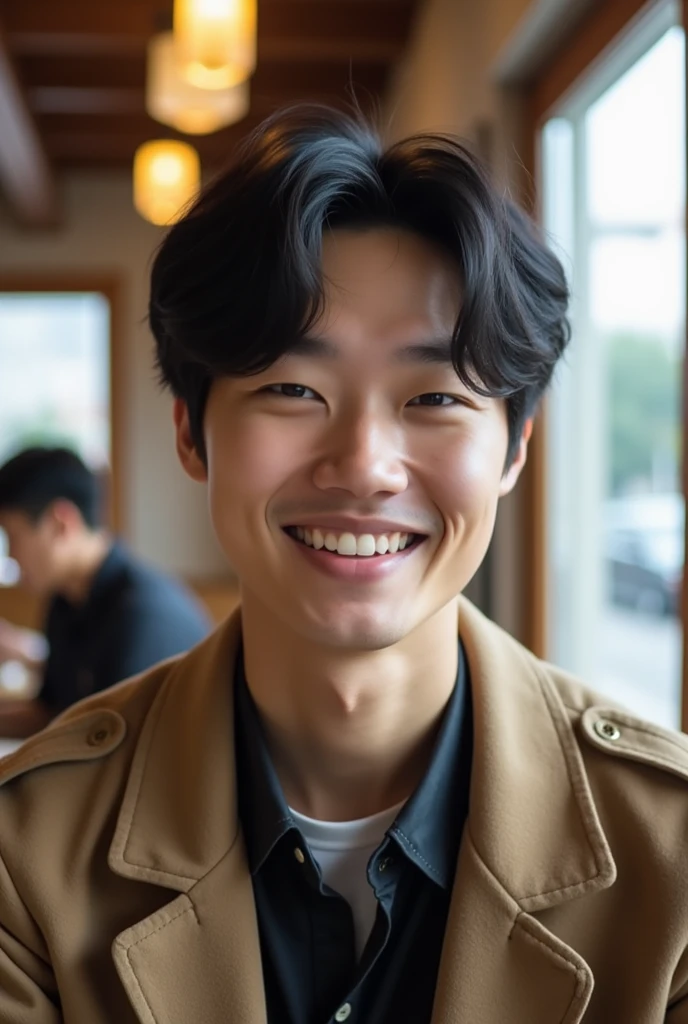 23 years old　Japanese　Male hairstyle with center part　Simple Outfit　profile　Not looking at the camera　Cafe　A photo taken by accident　smile
