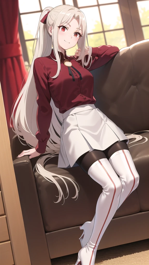 masterpiece, ultra quality, 8K, best quality, absurdres, perfect anatomy, anime_girl, 1girl, solo, Irisviel von Einzbern, red eyes, ponytail, hairpin, red shirt, dress shirt, red thigh high boots, heels, white skirt, pantyhose, cowboy shot, standing, smile, indoors, arms behind back, room, night, quiet environment, sofa, sit, One foot on the sofa, 
skinny legs, excellent facial features, A pretty girl, beautiful appearance, 