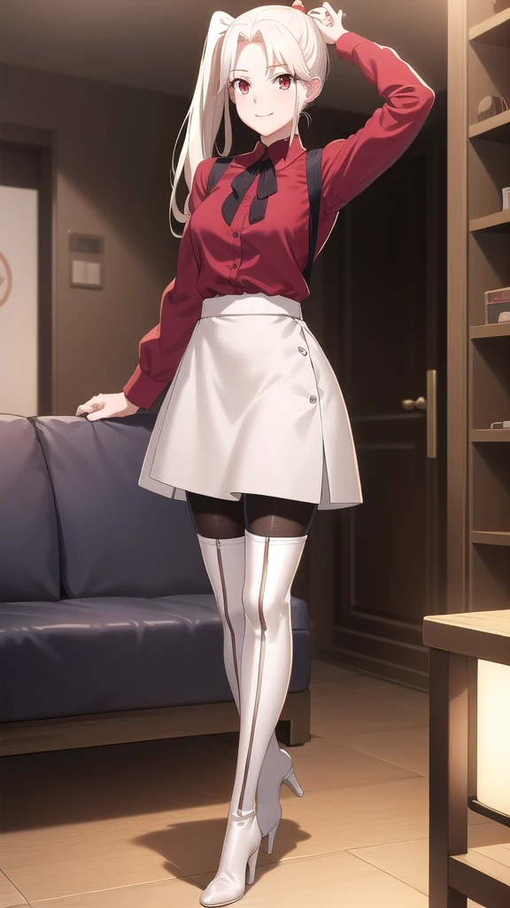 masterpiece, ultra quality, 8K, best quality, absurdres, perfect anatomy, anime_girl, 1girl, solo, Irisviel von Einzbern, red eyes, ponytail, hairpin, red shirt, dress shirt, red thigh high boots, heels, white skirt, pantyhose, cowboy shot, standing, smile, indoors, arms behind back, room, night, quiet environment, sofa, sit, One foot on the sofa,
skinny legs, excellent facial features, A pretty girl, beautiful appearance,