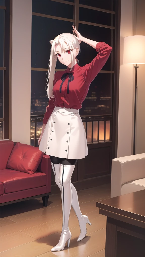 masterpiece, ultra quality, 8K, best quality, absurdres, perfect anatomy, anime_girl, 1girl, solo, Irisviel von Einzbern, red eyes, ponytail, hairpin, red shirt, dress shirt, red thigh high boots, heels, white skirt, pantyhose, cowboy shot, standing, smile, indoors, arms behind back, room, night, quiet environment, sofa, sit, One foot on the sofa,
skinny legs, excellent facial features, A pretty girl, beautiful appearance,