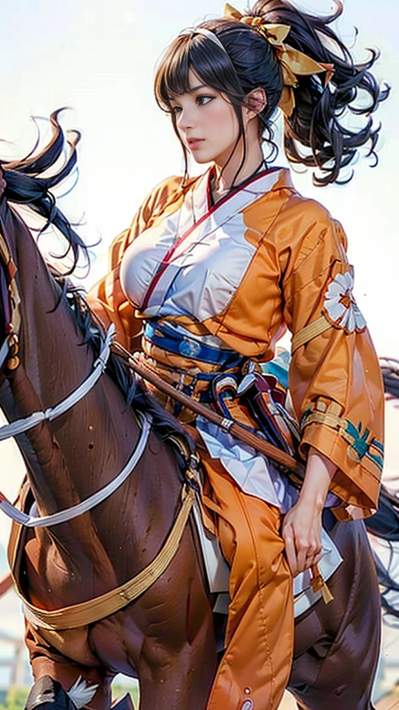 Only one woman,（Pretty woman with a bow)、((Pure white background))、（ride a horse), (Pull the string to its limit) , (Orange Kimono) , Chest protector,headband, Long black hair, (Masterpiece Top quality:1.2) Delicate illustrations, Very detailed, (Galloping Horse), (Realistic Horses) , Pasture, Japan, noon