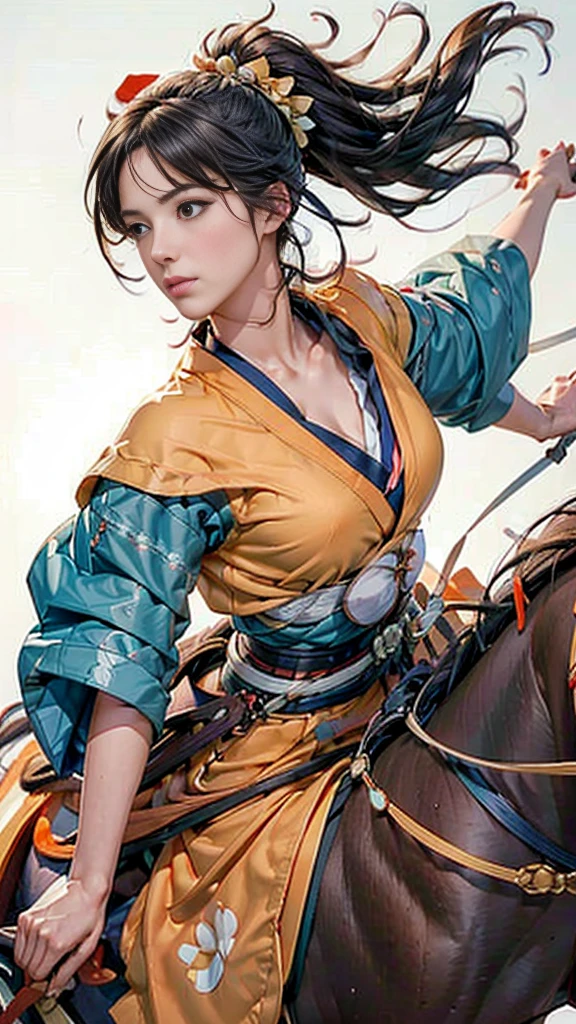 Only one woman,（Pretty woman with a bow)、((Pure white background))、（ride a horse), (Pull the string to its limit) , (Orange Kimono) , Chest protector,headband, Long black hair, (Masterpiece Top quality:1.2) Delicate illustrations, Very detailed, (Galloping Horse), (Realistic Horses) , Pasture, Japan, noon