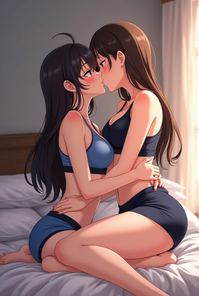 An anime teenage athletic girl being dominated and kissed by her mother straddling her in bed and sharing heaps of saliva (three girls need to be shown in this scene) 