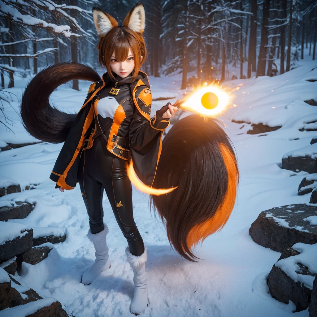 Ants, Ants_(alliance_of_Legend), 1人of女of子, Absurd, animal_ear, black_hair, independent_sleeve, distribution, facial_mark, Fox_ear, Fox_tail, hand_superior, High resolution, alliance_of_Legend, length_hair, Snow Suit, magic, multiple_tails, white_tails, orange_eye, Broke up_lips, alone, Are standing, tail, full_body, 腕を背中of後ろで組む