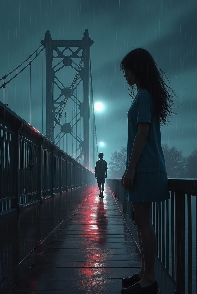 A girl is standing on the bridge railing and trying jumping of the bridge and thats when whe saw Boy who is crossing the bridge and their eyes met its a night time and it was raining. Use white and red light combination. Camera angle should be from behind the boy and infront of boy. There is a girl who is suiciding ( i mean jumping of the bridge. Meke it for Novel Cover page
Boy should be in the the picture too
Boy is walking side way lil bit afar from girl who is standing on the railing 