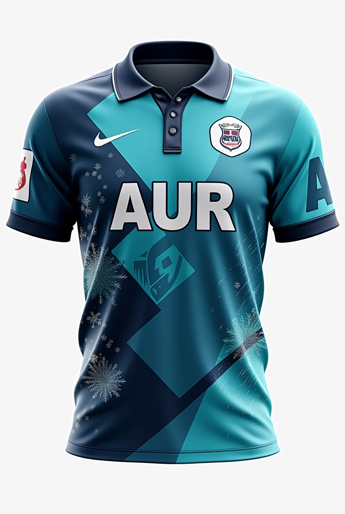 A collared, 3-button neckline. The center front should feature the word 'AUR'. On the back view, center the player's name above their role. The theme color is blue, teal, gray, little bit of black, and white. The design should have a Little bit of "slash geometric shapes like SPIRALS", "wind slashes", and "a lot of snowflakes pattern".