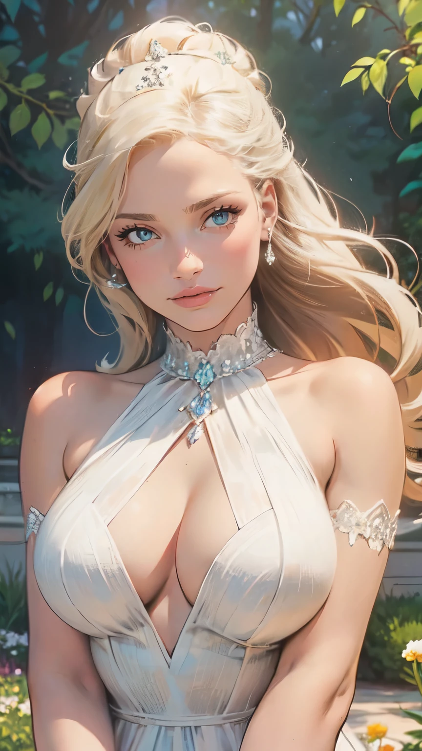 Goddess, day, gardens, girl, sweet face, with long pale blonde hair, in a light open white dress with diamonds on the fabric, open shoulders, expressive breasts, gorgeous, face looks like Natalie Portman, HD
