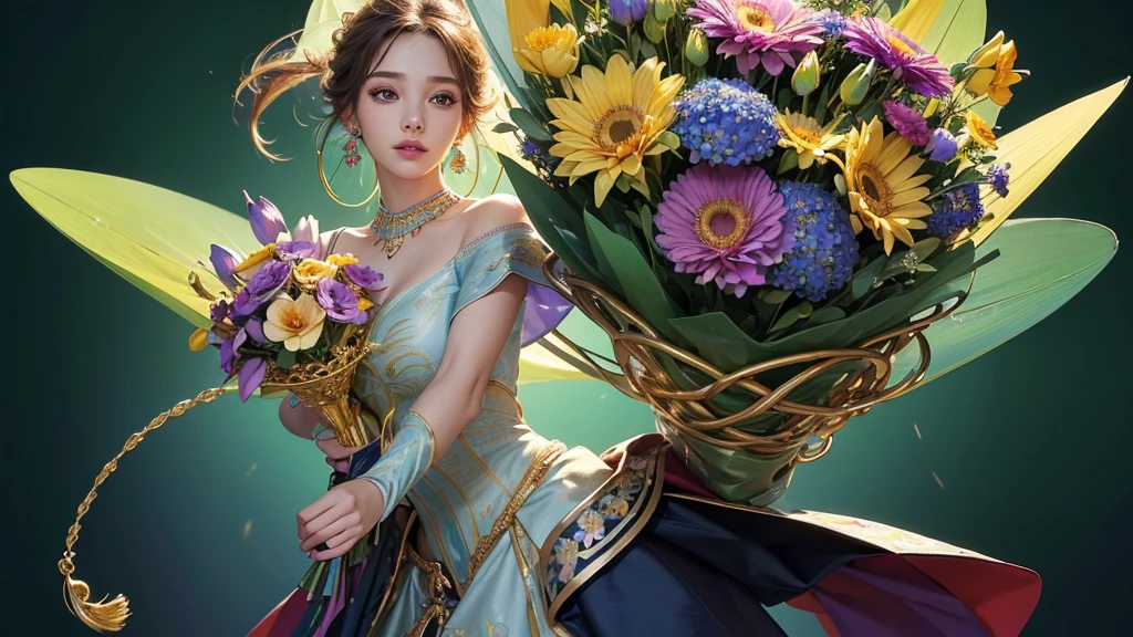 32K, 最高quality, 最高masterpiece, (ultra-Detailed Background, Detailed Background), High resolution, Super detailed, Very detailedな, One girl, (bouquet:1.3), (Tangled:1.2), (Geometric:1.2),(colorful),(masterpiece, quality, best quality, Official Art, Beautiful and beautiful:1.2), (1 girl:1.3), Very detailed,(colorful:1.1)(Flowers:1.3),Most detailed,(Tangled:1.2), whole body, (Abstract background:1.3), (Skin glows), (Many colors:1.4), ,(Earrings Jewelry:1.5), Light green background,